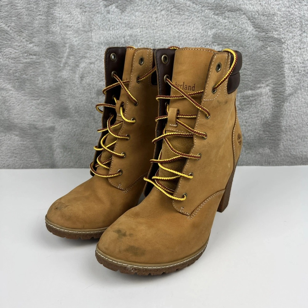 Timberland Lace Up Heeled Boots Womens 8 Wheat Tan Leather Block Heel